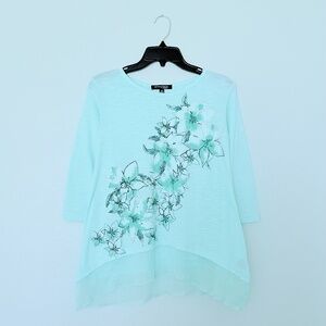 Ava & Grace Petite Teal Floral Print Three Quarter Sleeve Tunic